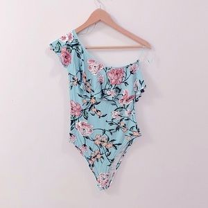 Bodysuit Off One Shoulder Ruffle Floral Top
